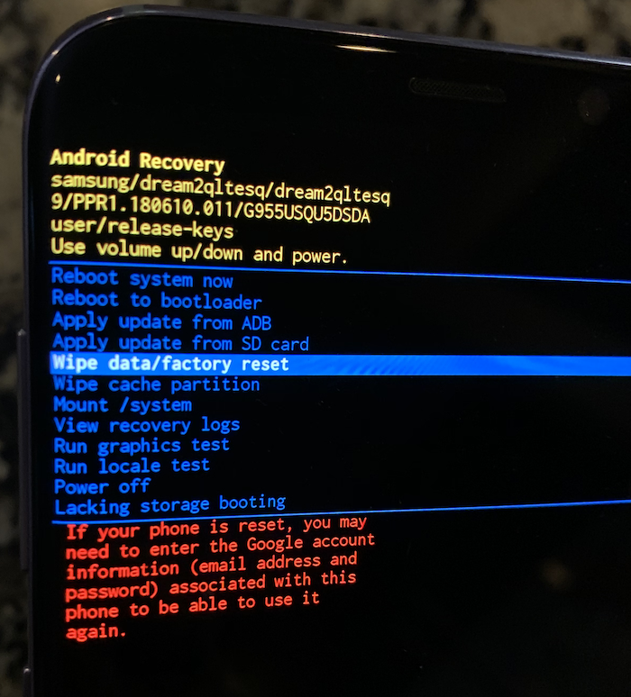 Android Recovery menu, selecting wipe data/factory reset.