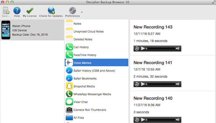 transfer iPhone voice memos to your computer with decipher backup browser