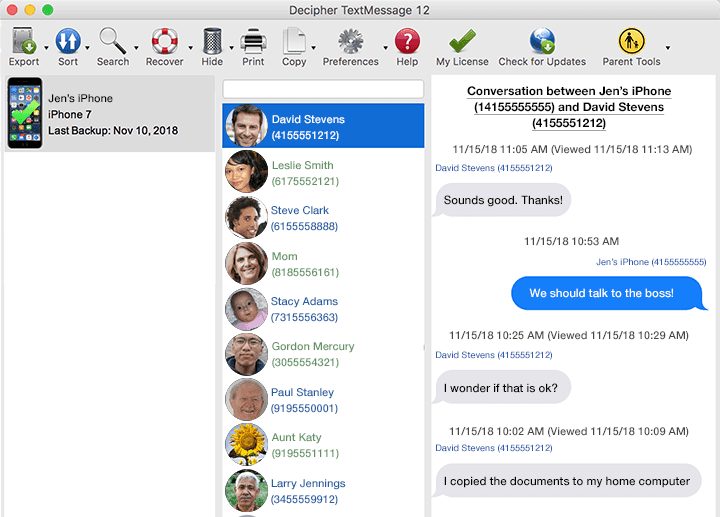 Software screenshot of how to select a contact and transfer text messages from iPhone to computer 