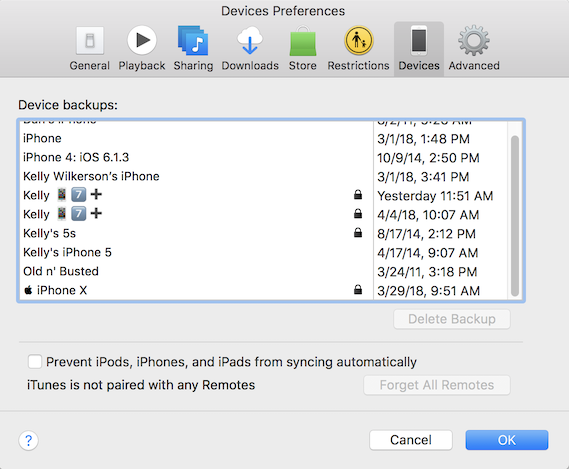 iTunes window showing all of the iPhone/iPad/iPod backups to show other choices than the corrupt iPhone backup