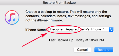 The Decipher Repaired backup in the iTunes backup selection menu.
