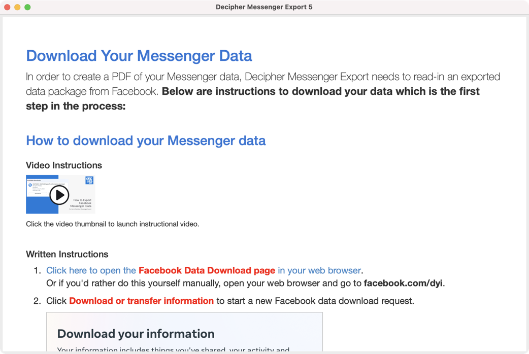 Request a data download from Facebook to save and print Facebook chats as a PDF.