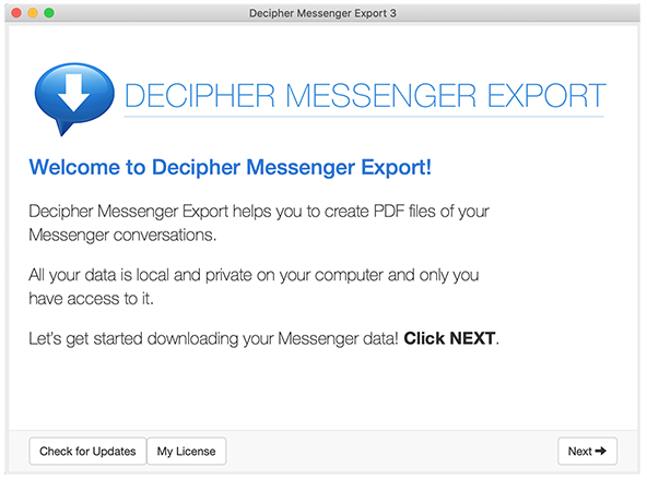 Launch Decipher Messenger Export to save and print Facebook chats as a PDF