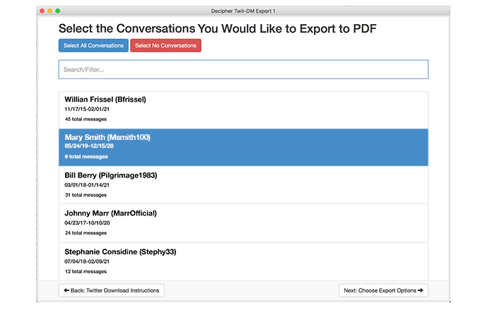 Select a contact and pick "Export It" to save the Twitter DMs to your computer.