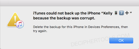 iTunes could not backup the iPhone/iPad/iPod - iPhone backup was corrupt or not compatible