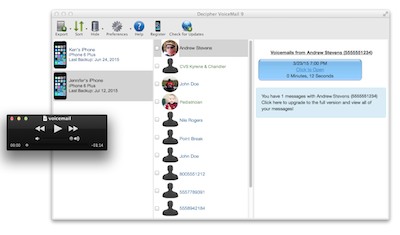 Screenshot of Decipher VoiceMail for macOS showing saved iPhone voicemails.