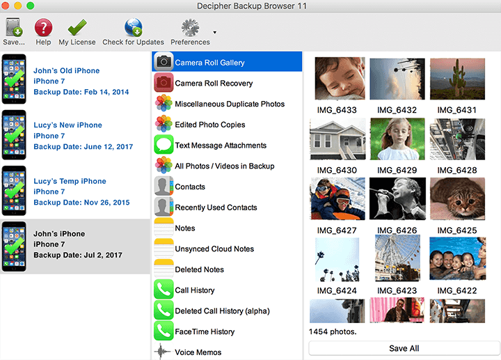Screenshot of Decipher Backup Browser for Mac displaying iPhone photos from an iTunes backup