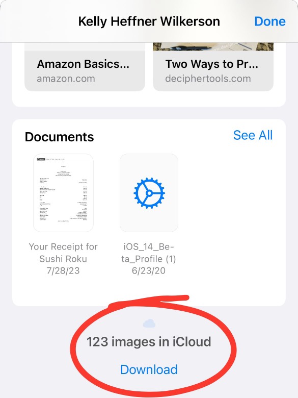 Tap Download under the number of images in iCloud listed underneath all of the images and other attachments.